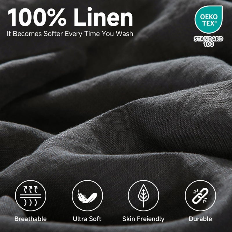 Simple&Opulence 100% Linen Fitted Sheet King(1 Piece), 14 Inch Deep Pocket Mattress Cover Natural French Flax Stone Washed Farmhouse Soft Breathable Bottom Sheets-Charcoal Grey - Image 2